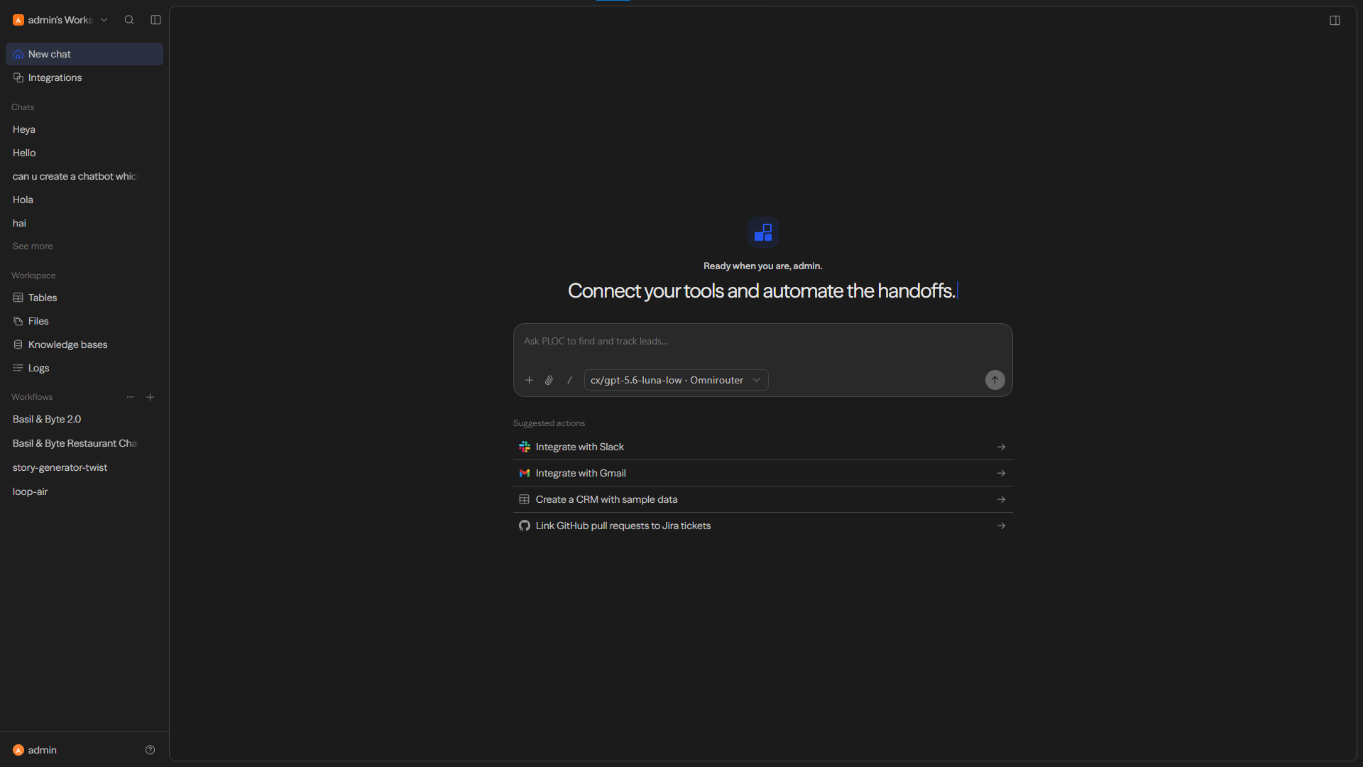 PLOC AI workspace showing chat, integrations, and suggested actions