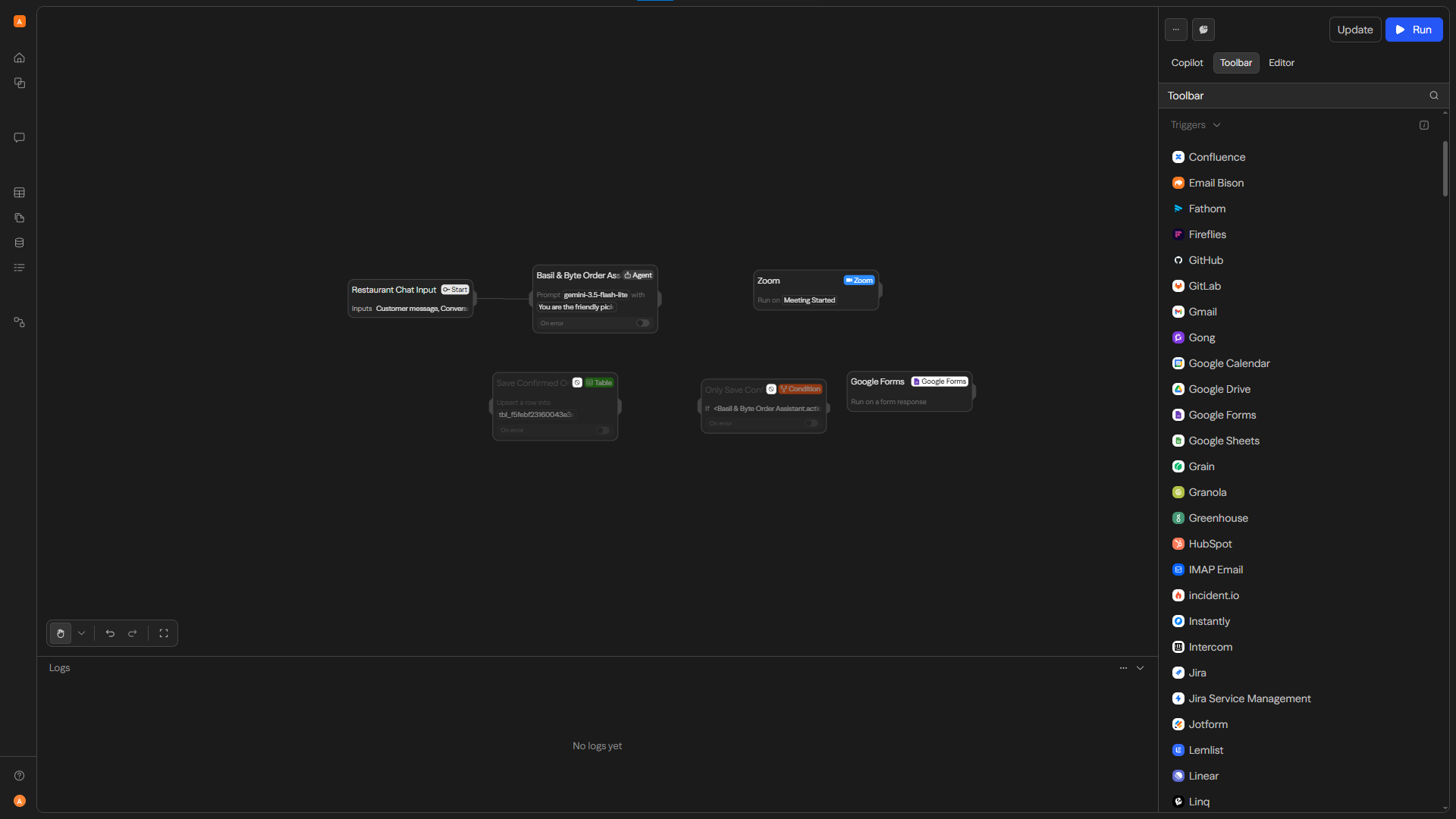 PLOC AI visual workflow builder with connected agent and integration nodes